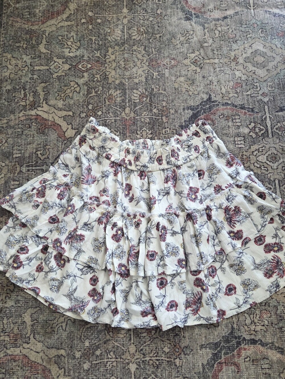 True Craft White Floral Tiered Skirt with Red and Purple Accents